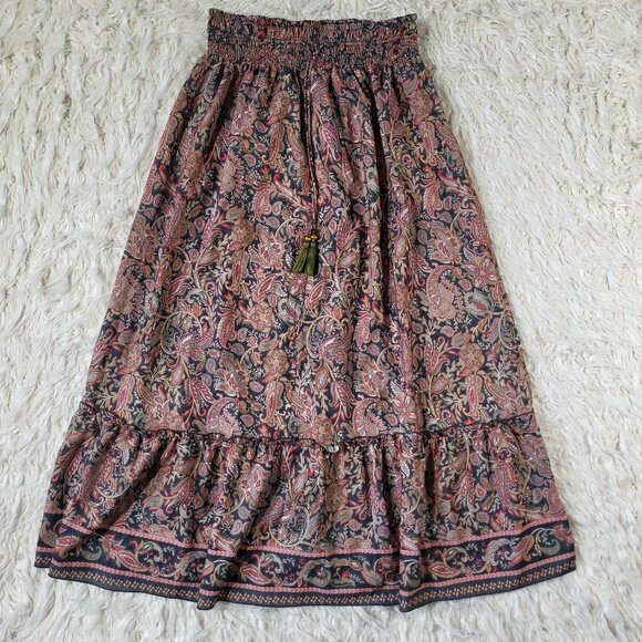 Anthropologie Dresses & Skirts - Boemo Long Skirt Womens Large Green A-line Tiered Tasseled Bohemian Paisley
